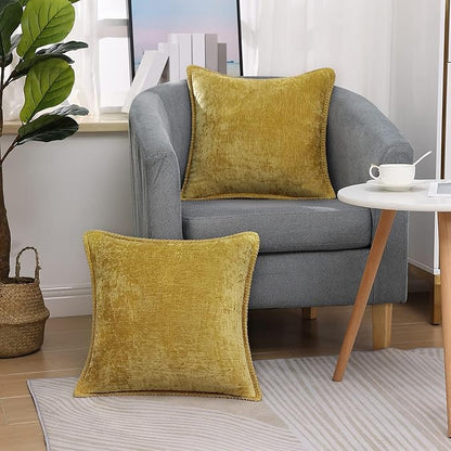 decorUhome Chenille Soft Throw Pillow Covers 26x26 Set of 2, Farmhouse Velvet Neutral Decorative Euro Pillow Covers with Stitched Edge for Couch Sofa Bed Home Decor, Mineral Yellow