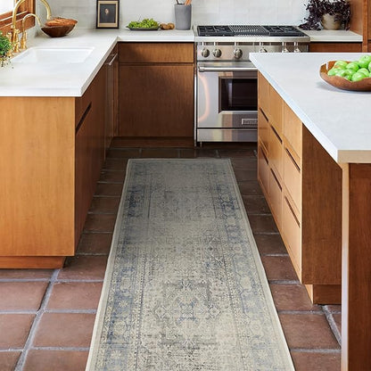 RUGGABLE Washable Vintage Area Rug – Kamran Blue Quartz 8 ft Round, Stain-Resistant, Non-Slip – Large Machine Washable Rugs for Living Room, Bedroom, Hallway, Entryway & Office–with Cushioned Pad