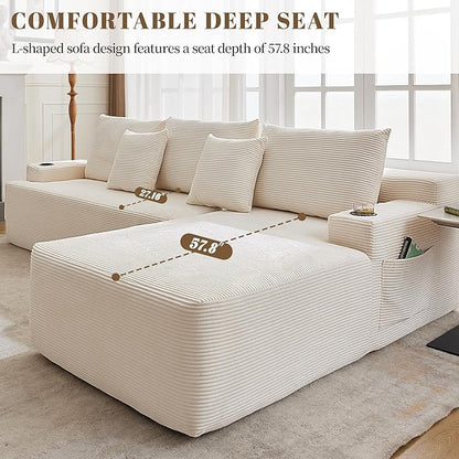 106" Cloud Sectional Couch, Modular Sectional Sofa with L-Shape Chaise, Corduroy Boneless Couch with Deep Seat, Upholstered Sofa for Living Room, No Assembly Required(Right-Facing Chaise, White)