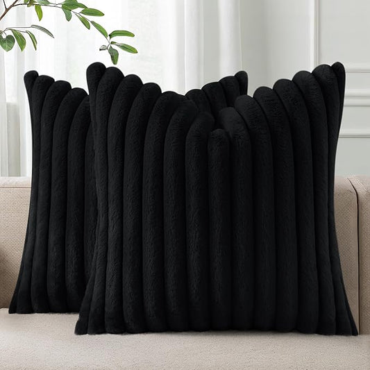 Pallene Faux Fur Plush Throw Pillow Covers 22x22 Set of 2, Luxury Soft Fluffy Striped Decorative Pillow Covers for Sofa, Couch, Living Room, Black