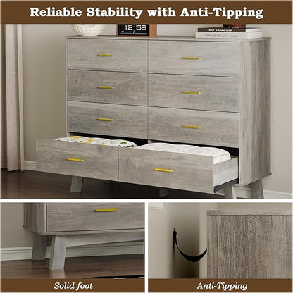 Dresser for Bedroom with 8-Drawer, 37" Tall Modern Chest of Drawers with Metal Handles, X-Shape Base & Adjustable Center Leg, Anti-Tip Closet Organizers and Storage