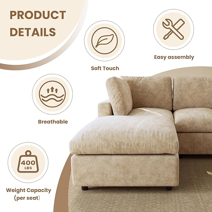 WJShome 100 Inch U Shaped Modern Sofa Modular Sectional Cloud Couch with 2 Ottoman, 4-Seat Chenille Deep Seat Couches for Living Room, Bedroom and Apartment，Khaki