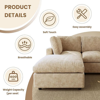 WJShome 100 Inch U Shaped Modern Sofa Modular Sectional Cloud Couch with 2 Ottoman, 4-Seat Chenille Deep Seat Couches for Living Room, Bedroom and Apartment，Khaki