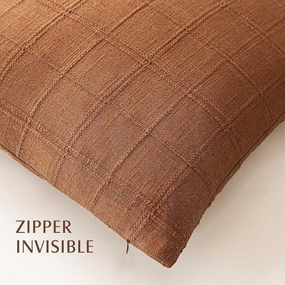 Foindtower Set of 2 Decorative Linen Check Throw Pillow Covers Neutral Farmhouse Lumbar Cushion Covers Modern Boho Home Decor for Sofa Chair Couch Bedroom Living Room,12×20 Inch,Orange