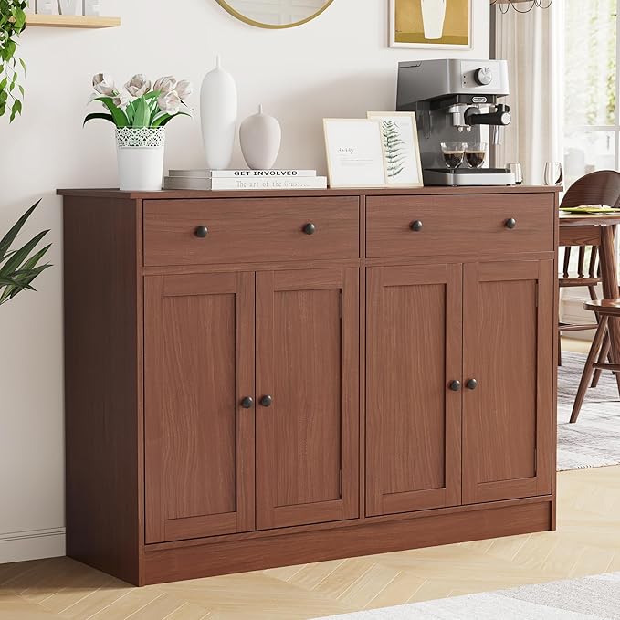 49" Brown Buffet Cabinet with Doors & Drawers, Modern Kitchen Storage Sideboard, Coffee Bar Console for Dining Room, Living Room, Entryway