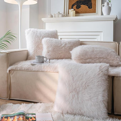 Neelvin Beige Faux Fur Cozy Fluffy Double-Sided Decorative Throw Pillow Covers 16x16 inch Set of 2,Velvet Pillowcase Cushion Case for Sofa Couch