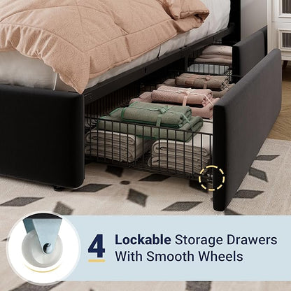 Allewie Queen Size Storage Bed Frame, Vertical Channel Tufted Adjustable Headboard, Velvet Upholstered Platform Bed with 4 Oversized Underbed Drawers, Wooden Slats Support, No Box Spring Needed, Black