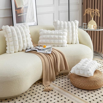 Neelvin Cream White Faux Fur Cozy Soft Plaid Decorative Throw Pillow Covers 22x22 inch Set of 2,Velvet Pillowcase Cushion Case for Sofa Couch
