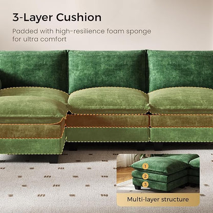 KKL Modular Sectional Sofa Bed, 4 Seater Convertible L-Shaped Sleeper Cloud Couch with Ottoman, Chenille Sectional Couches for Living Room, Apartment Green