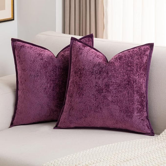 FUTEI Purple Chenille Throw Pillow Covers 24x24 Inch Set of 2,Soft Cozy Bound Edge Design European Cushion Cover,Home Decor for Couch Bed Living Room
