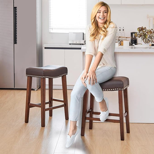 PrimeZone Counter Height Bar Stools Set of 8 - Backless Saddle Barstools with 4.3" Thick Upholstered, Nailhead Trim Faux Leather & Solid Wood Legs, 26 Inch Counter Stools for Kitchen Island, Brown