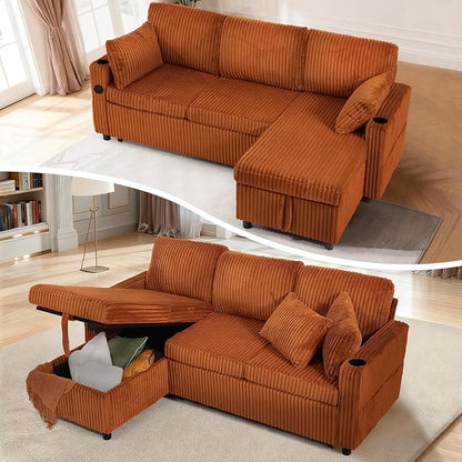 84" Corduroy Pull Out Sofa Bed w/Adjustable Backrests, Sectional L-Shape Sleeper Sofa w/Storage Chaise, Convertible Couch Bed w/USB Charging Port & Cup Holders for Living Room, House, Orange