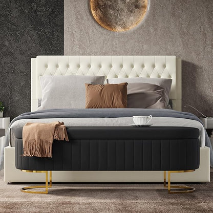 EcoHarbor Living 55.5" Storage Bench Ottoman End of Bed Bench Bedroom Bench, Upholstered Velvet Long Window Bench Large King Size with Gold Legs, Flipping Lid Entryway Footrest (Black)