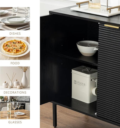 Sideboard Buffet Cabinet, Modern Storage Cabinets with Doors and Shelves, Wooden Fluted Cabinet for Living Room, Entryway, Kitchen(1, Embossed Black)