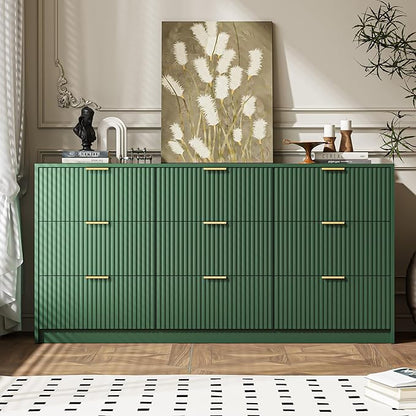 Green Dresser for Bedroom, 9 Drawer Double Dresser, Modern Chest of Drawers for Bedroom, Living Room, Entryway and Closet, 63" L x 15.7" D x 31.5" H