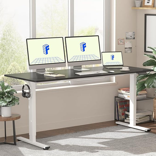 FLEXISPOT EN1 One-Piece Standing Desk, 60 x 24 Inches Large Height Adjustable Desk, Electric Sit Stand Desk Home Office Table Computer Workstation (White Frame + Black Desktop, 2 Packages)