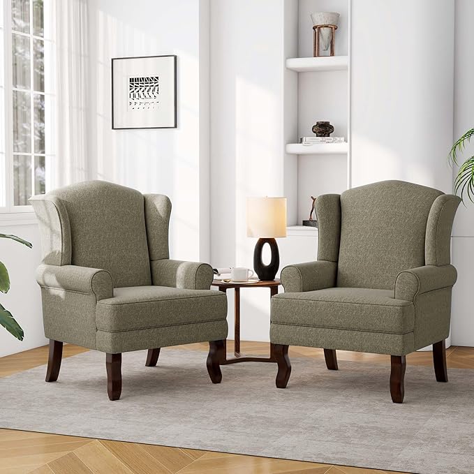 Accent Chair, High Back Upholstered Armchair with High Resilience Sponge & Wood Legs, Mid-Century Modern Comfy Single Sofa Reading Chairs for Living Room, Bedroom (Light Camel, Set of 2)