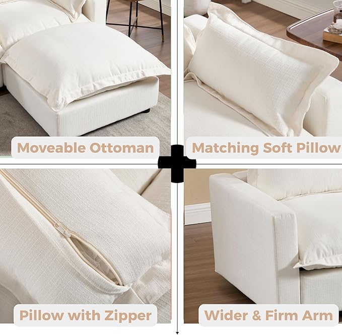 chairus 39.5" Chaise Lounge Chair Indoor with Ottoman, Upholstered Single Sofa Couch Chair Oversized Linen Reading Armchair for Living Room, Bedroom, Reception Room, Apartment, White