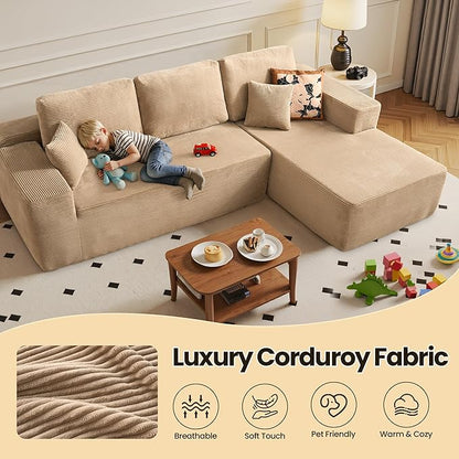 104" Cloud Sectional Couch with Chaise, Boneless L-Shaped Cloud Couch with Deep Seat, Corduroy Modern Minimalist Sofa, Assembly Free Comfy Sofa for Office Living Room Apartment(Camel, Right Chaise)