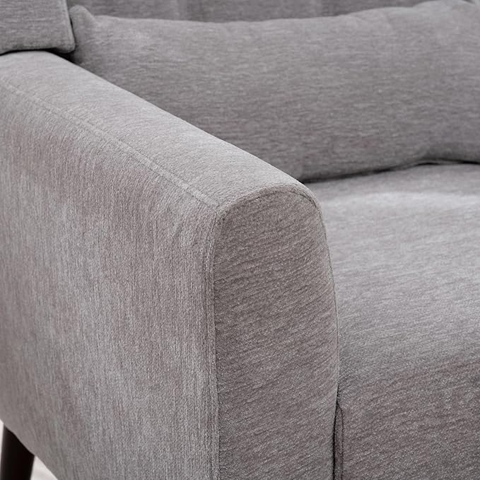 Accent Chair, Comfy Upholstered Living Room Chairs with High Tufted Backrest and Pillow, Wingback Reading Chair with Solid Wood Legs for Bedroom/Office, Chenille Fabric, Grey