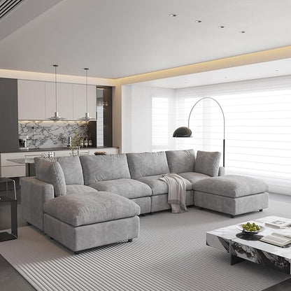 WJShome U Shaped Sectional Couch 134 Inch 4-Seater with 2 Ottoman Modern Modular Sofa,Chenille Deep Seat Couches for Living Room, Bedroom and Apartment，Gray