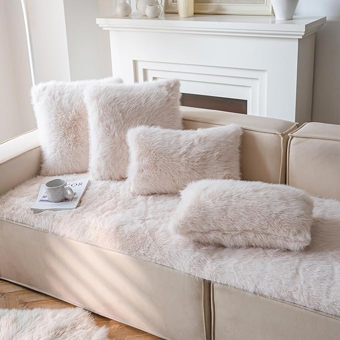 Neelvin Beige Faux Fur Cozy Fluffy Double-Sided Decorative Throw Pillow Covers 12x20 inch Set of 2,Velvet Pillowcase Cushion Case for Sofa Couch