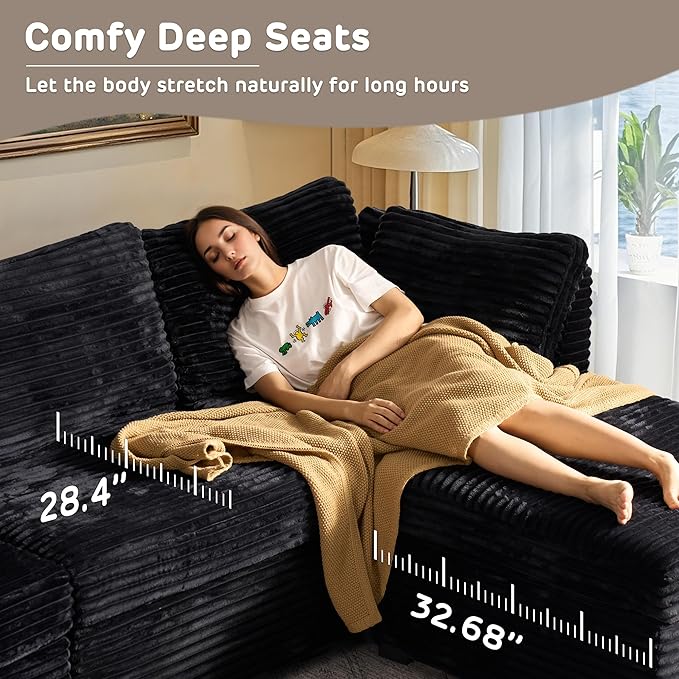 130'' Modern Modular Sectional Sofa with Ottoman, 8 Pieces U Shaped Cloud Couch for Living Room, Oversized Deep Seat Convertible Sofa Set, Plush Corduroy Black