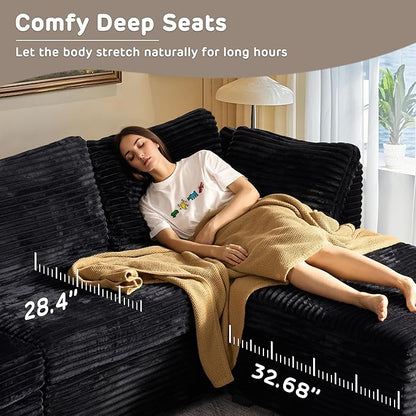 130" Modular Sofa with Swivel Chair & Ottoman, Modern Cloud Sectional Couch Plush Corduroy 5 Seater Deep Seat Sofas Set & Accent Armchair for Living Room, Black