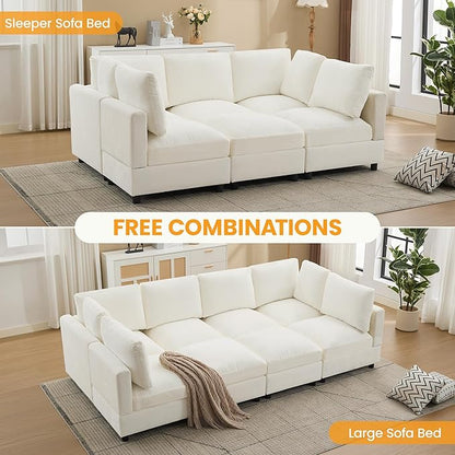 Modular Sectional Cloud Sofa Bed, 8-Seater Convertible Sofa Couch with Ottoman, Modern Deep Seat Sleeper Sofa for Living Room, Chenille Beige