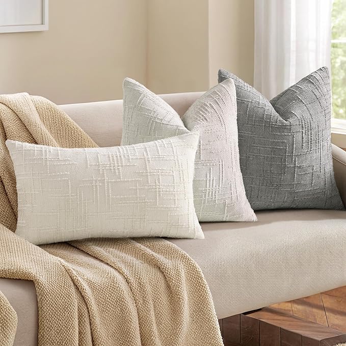 decorUhome Light Grey Chenille Throw Pillow Covers 16x16 Set of 2 Thick Textured Slubby Couch Pillow Covers Farmhouse Accent Modern Neutral Decorative Pillow Cases for Bed Sofa Living Room