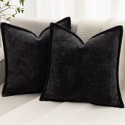 Black Decorative Throw Pillow Covers 18x18 Inch Set of 2 Cozy Soild Chenille Cushion Cases Soft Textured Square Couch Pillows Cover Boho Accent Farmhouse Pillowcases for Sofa Bed