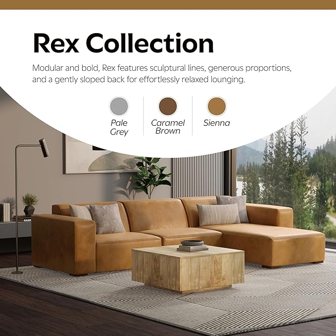 SIMPLIHOME Rex Right-Facing Modular Sectional Sofa in Full-Grain Genuine Leather, Sienna, 122-inches Wide, Handcrafted Modern-Style 4-Seater L-Shaped Leather Couch with Right Chaise for Living Room