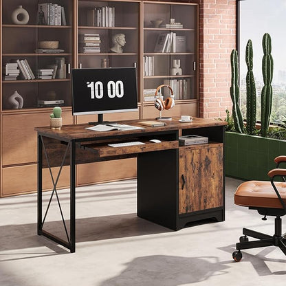 Bestier Office Desk with Keyboard Tray, 47 inch Industrial Computer Desk with Storage, Reversible Executive Desk with File Cabinet for Home Office Bedroom, Rustic Brown