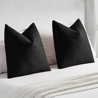 FUTEI Black Chenille Decorative Throw Pillow Covers 24x24 Inch Set of 2,Soft Cozy Striped Geometric Patterns European Cushion Cases,Modern Home Decor for Couch Bed Living Room