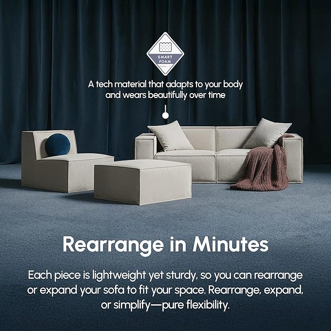 ROVE LAB M1 Modular Sectional Sofa with Ottoman, Sofa in a Box, PetFriendly Modular Couch, Spill-Resistant,Sustainable, Stylish, Modern Sectional Couch for Living Room with SmartFoam Comfort