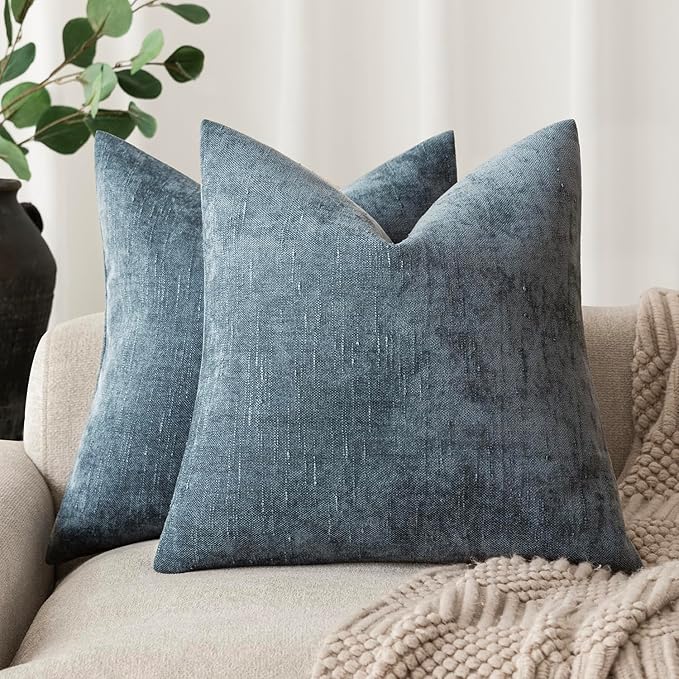 Foindtower Pack of 2 Soft Textured Chenille Throw Decorative Pillow Covers Square Accent Solid Cushion Cover Cozy Neutral Farmhouse Pillow Case for Couch Sofa Bedroom Living Room 26x26 Inch,Blue