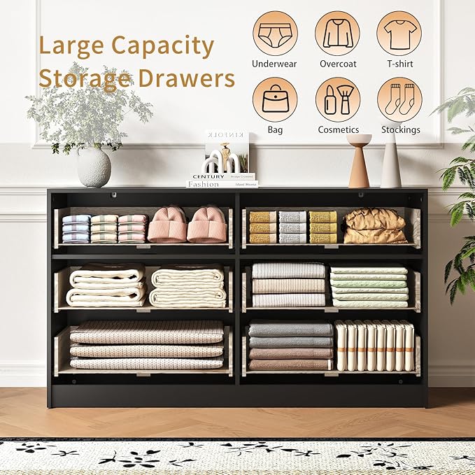 3-Piece Modern Bedroom Furniture Set, Wide 6-Drawer Dresser & 3-Drawer Nightstands Set of 2, Natural Wood Dresser and Nightstand Sets for Bedroom, Hallway, Black