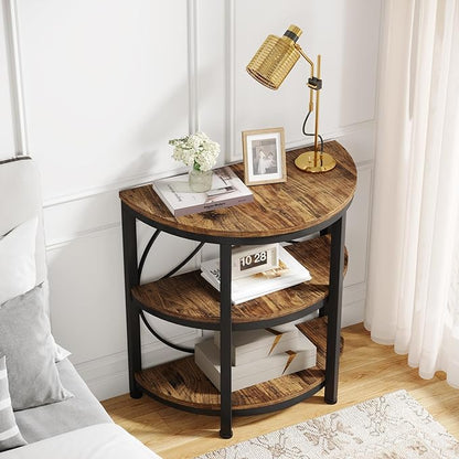 Tribesigns Half Round End Table for Living Room, 3-Tier Half Side Table with Metal Frame, Industrial Half Moon Table with Storage Shelves, Half Circle Accent Table for Entryway, Bedroom, Rustic Brown