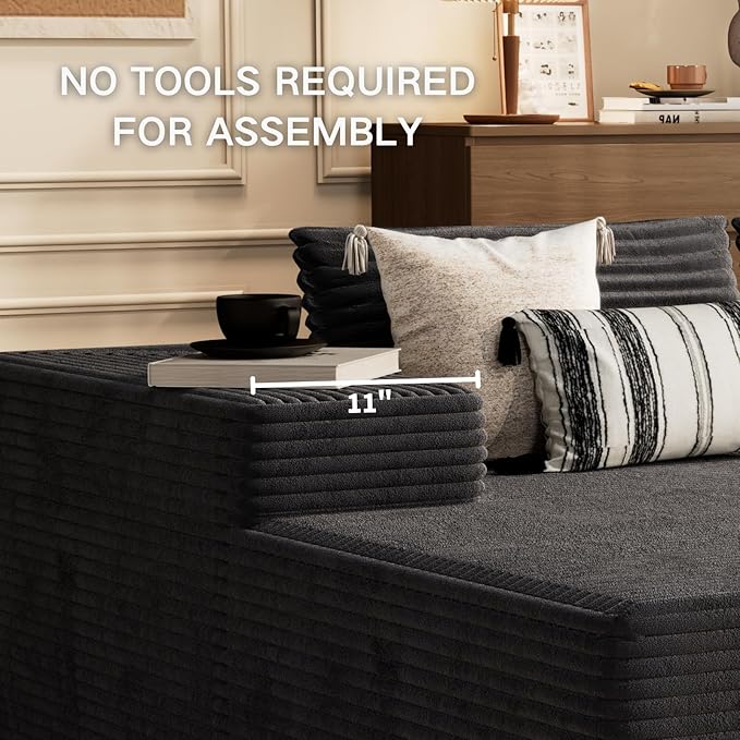 Kingdura 105.5'' Cloud Sectional Couch with L-Shape Chaise, Black Modern Modular Sofa with Deep Seat, Corduroy Fabric, No Assembly Required, Upholstered Couches for Living Room Bedroom