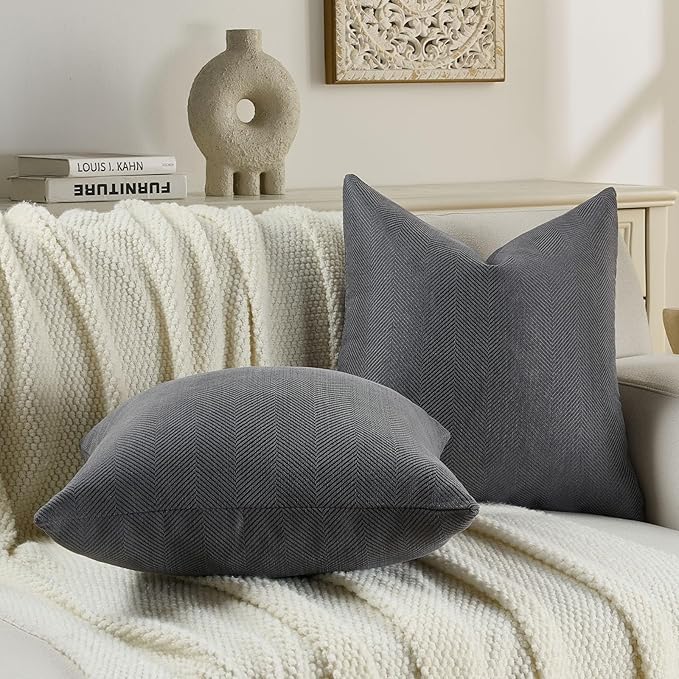 FUTEI Dark Grey Chenille Throw Pillow Covers 18x18 Inch Set of 2,Soft Wide Chevron Textured Cushion Case,Farmhouse Home Decor for Couch Bed Living Room