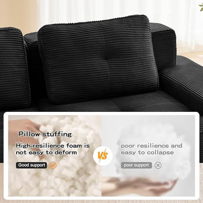 115.3” Black Boneless Couches for Living Room, Modular Sectional Sofa with U-Shape Chaise, 3 Seater Comfy Upholstered Deep Seat Corduroy Fabric Cloud Couch No Assembly, Anti-Slip Design