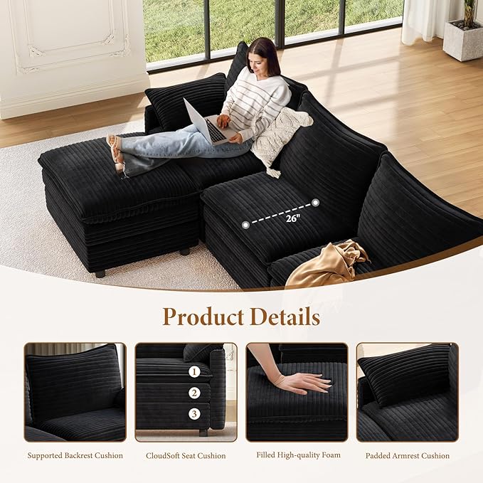 Vesgantti 108" V-Shaped Corner Couch Sectional, 7 Seat Customizable Modular Cloud Couches with Movable Ottoman, Corduroy Deep Seat Sofa Set with Chaise for Living Room, Bedroom and Apartment, Black