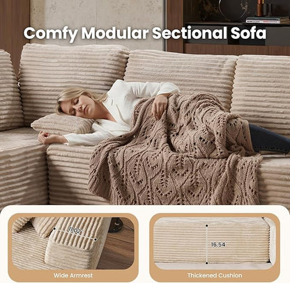 Cloud Sectional Couch with Loveseat, Boneless U-Shaped Cloud Couch with Deep Seat, Soft Plush Modern Minimalist Sofa, Assembly Free Modular Floor Sofa for Office Living Room Apartment, Beige