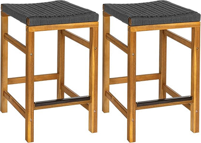 JONATHAN Y CSL1201B-SET2 Armand 25.6" Modern Coastal Backless Acacia Wood Outdoor Counter Stool with Woven Rope Seat, for Pool, Deck, Poolside, Light Teak/Grey (Set of 2)