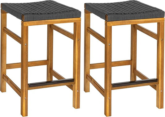 JONATHAN Y CSL1201B-SET2 Armand 25.6" Modern Coastal Backless Acacia Wood Outdoor Counter Stool with Woven Rope Seat, for Pool, Deck, Poolside, Light Teak/Grey (Set of 2)