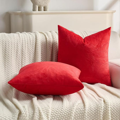 FUTEI Christmas Red Velvet Throw Pillow Covers 22x22 Inch Set of 2,Soft Embossed Leaf-Relief Textured Cushion Cases,Natural Home Decor for Couch Living Room