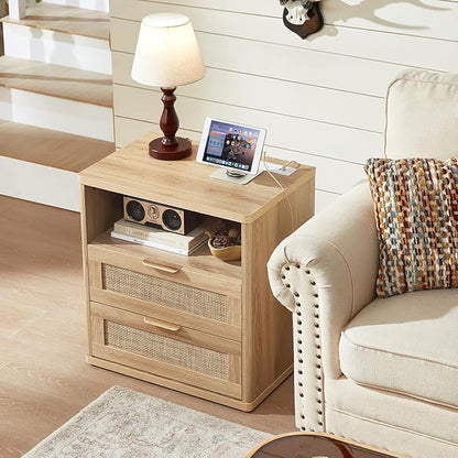 LEYAOYAO Rattan Nightstands Set of 2 with Charger Station, 23" Wide Boho Night Stand with 2 Drawers, Natural Wood Bedside Table Open Shlef, Bed Side End Table Dresser for Bedroom, Living Room Hallway
