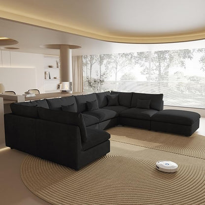 Modular Cloud Sofa, 154" Cloud Sectional Couches with Deep Seat, Linen U-Shape 6-Seater Couch with Ottoman for Living Room, Washable Cover, Wide Armrest in Black