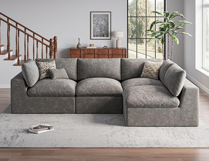 120" Cloud Sectional Couch | Oversize Boneless Couches for Living Room | 4 Seater Modern L-Shape Sofa | Grey