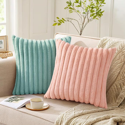 Pallene Faux Fur Plush Throw Pillow Covers 24x24 Set of 2, Luxury Soft Fluffy Striped Decorative Pillow Covers for Sofa, Couch, Living Room, Pink